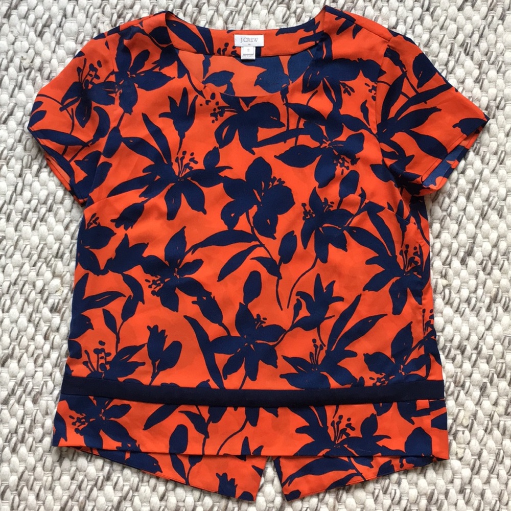 J Crew Orange and Navy Floral Blouse